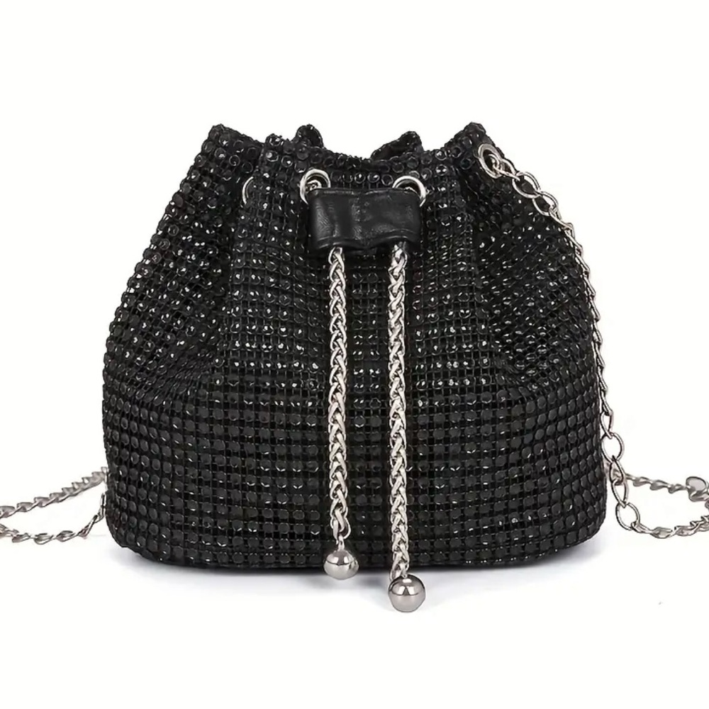Black Rhinestone Drawstring Bag with Silver Chain - Picture 2 of 5